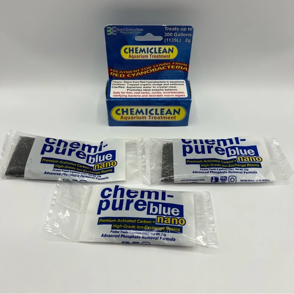NIP Chemiclean Aquarium Treatment & 3 Chem-Pure Blue Nano Packs Salt Water Tanks